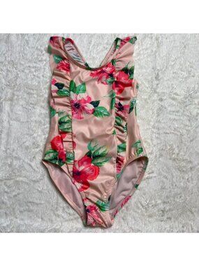 Gap Kids Girls Size S Small Pink Floral One Piece Swimsuit Ruffle Sleeves